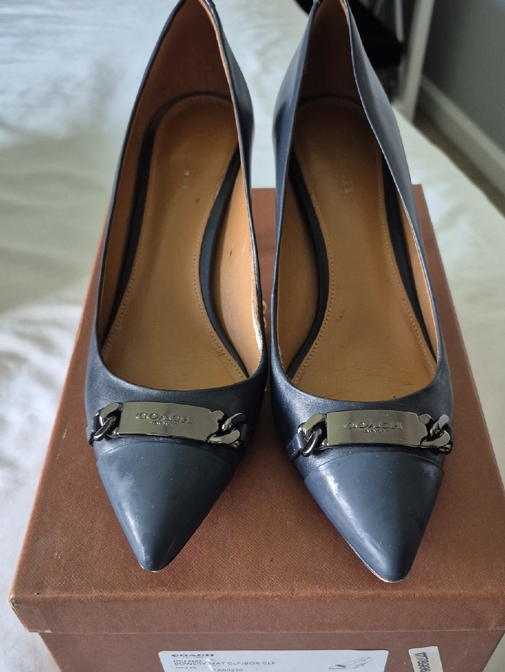 Coach Navy Pointed Leather Pumps with Signature Plaque
